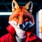 The fox is wearing a red jacket indoors. Concept of successful confident cunning businessman. Generative AI.