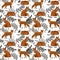 Foxes in different poses and from different angles. Seamless pattern of foxes with branches and leaves. Vector