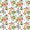 Foxes, rabbits animals in red santa hats in snow. Spruce christmas tree branches, cones. Seamless pattern for Christmas