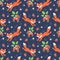 Foxes and wild strawberries seamless pattern