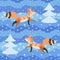 Foxes in the winter forest among snow-covered fir trees. Seamless pattern in vector. Printing for fabric, wallpaper for children