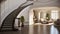 Foyer with curved staircase. Foyer in luxury home with curved staircase dining room. generative ai