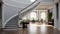 Foyer with curved staircase. Foyer in luxury home with curved staircase dining room. generative ai