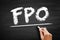 FPO Follow on Public Offer - issuance of shares to investors by a company listed on a stock exchange, acronym text on blackboard