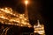 FPSO tanker vessel near Oil platform Rig at night. Offshore oil and gas industry