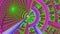 Fractal mechanical wheel decorated with various ornamental geometrical shapes, all in bright vivid pink,green,purple