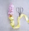 Fragile branch of pink hyacinth decorated with yellow ribbon and scissor