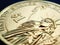 Fragment of American 1 dollar coin closeup. Statue of Liberty and the sign of national currency. US economy and money. News about