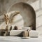 Fragment of beige monochrome living room. Trendy couch with cushions, arched niche in the wall, elegant floor vase with