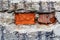 Fragment of the damaged brickwork closeup. Abstract background