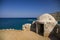 Fragment of a defense tower and walls in the Spinalonga fortress. Sea view from the leper island in Greece