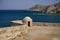 Fragment of a defense tower and walls in the Spinalonga fortress. Sea view from the leper island in Greece