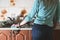 Fragment of the female body, handcuffed to the kitchen counter