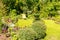 A fragment of a garden plot with a green lawn, a yellow deck chair and a lot of different flowers and plants.