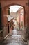 Fragment Goldsmith`s Square Passage near to the Small Square in a rainy day. Sibiu city in Romania