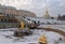 A fragment of the Grand Palace and the Samson Fountain on a frosty November day. The first snow