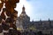 Fragment of Greater Temple Templo Mayor with Mexico city cathedral. Detail of ancient aztec ruins. Travel