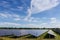 Fragment of the ground-mounted solar power station against of sky