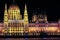 Fragment of the Hungarian Parliament Building with night illumination.