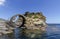 Fragment of the Kastro fortress and arched bridge on Andros Island Greece, Cyclades