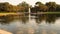 Fragment of lake, in national Park. Beautiful landscape with water fountain and ducks in pond