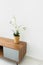 Fragment of living room interior wooden media stand potted orchid flower on white wall tiled floor background. Scandinavian