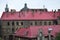 Fragment of a metal roof of the restored old multi-storey building in Lviv, Ukrain