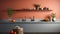 Fragment of modern classic kitchen. Gray countertop with built-in sink and black faucet. Terracotta wall with open shelf