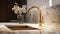 Fragment of a modern classic luxury kitchen. White marble countertop with built-in sink, curved gold faucet, marble