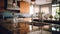 Fragment of a modern kitchen in a luxury home. Quartz countertop with integrated stainless sink and tall faucet, wooden