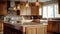 Fragment of a modern kitchen in a luxury home. Quartz countertops, wooden cabinets, kitchen island, table decor, pendant