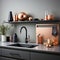 Fragment of modern minimalist luxury kitchen. Gray countertop with built-in sink and black faucet. Gray wall, various