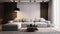 Fragment of a modern minimalist monochrome living room. Wall with dark fabric drapery, comfortable corner sofa with