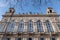 Fragment of old building facade with rich decoration in Ruse, Bulgaria. The Opera is historical baroque building, built in 1902