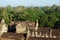 Fragment of an old Hindu temple in the forests of Cambodia. Abandoned building in the forest