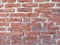 Fragment of an old historic red brick wall with white cement seams as a background or texture