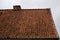 Fragment of old shabby brown beige gable tiled roof of old house with a brick chimney stack furnace with a rain gutter under it