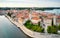 A fragment of the old town embankment with the cathedral. Porec  Croatia. Shooting from a drone