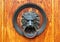 Fragment of old wooden door with bronze lion\'s head as a doorkno