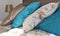 Fragment photo of bedroom, interior detail, bedroom interior details close up, decor, colorful pillows in the bedroom