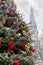 Fragment of public Christmas tree outdoors against the Gothic cathedral