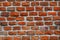 Fragment of the restoration of masonry of old red brick. different size and color bricks, background, screensaver place for text,