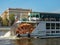 Fragment of a ship with a wheeled ship engine floating on the Moscow river