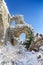 Fragment of snow citadel of he ancient cave city of Mangup-Kale in the snow