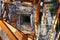 A fragment of the structure of a new modern metal observation tower with decorative wooden elements