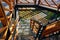 A fragment of the structure of a new modern metal observation tower with decorative wooden elements