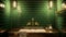 Fragment of a stylish classic luxury bathroom. Green tiled walls brick imitation, white golden color top with integrated