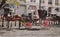 Fragment of view of beautiful vintage retro horse drawn carriage on city background