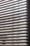 Fragment of the white Venetian blinds with lift cord and turning rod of a manual control on a foreground .