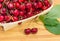 Fragment of wooden basket with dark red sweet cherries